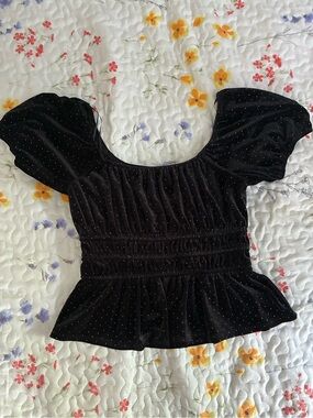 Mi Amore Black Velvet Smocked Peplum Top with Dot Accents
